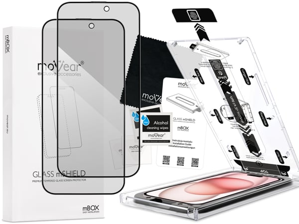 Zawartość zestawu moVear mBOX GLASS mSHIELD 2.5D MAX privacy na Apple iPhone 16 / 15 (6,1 Co zawiera oryginalne opakowanie szkła moVear mBOX GLASS mSHIELD 2.5D MAX privacy do Apple iPhone 16 / 15 (6,1