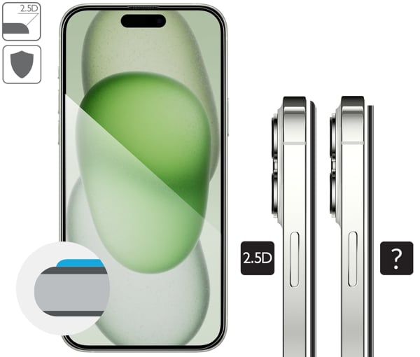 Opis graficzny krawędzi 2.5D MAX szkła hartowanego moVear mBOX GLASS mSHIELD 2.5D MAX privacy na Apple iPhone 16 Plus / 15 Plus Zaokrąglone bezpieczne krawędzie 2.5D szkła moVear mBOX mSHIELD 2.5D MAX privacy dla Apple iPhone 16 Plus / 15 Plus (6.7
