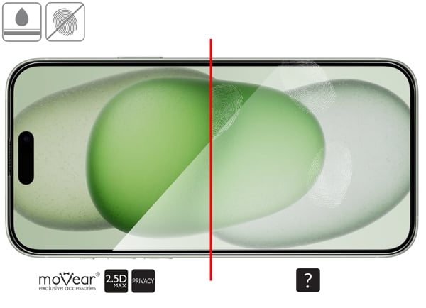 Zalety powierzchni oleofobowej szkła ochronnego moVear mBOX GLASS mSHIELD 2.5D MAX privacy na Apple iPhone 16 Plus / 15 Plus Powłoka oleofobowa na matowym szkle hartowanym moVear mBOX GLASS mSHIELD 2.5D MAX privacy do Apple iPhone 16 Plus / 15 Plus z ekranem o przekątnej 6.7 cala