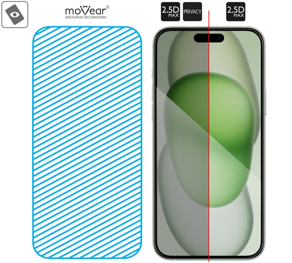Obszar szklanej powierzchni mARG™ moVear mBOX GLASS mSHIELD 2.5D MAX privacy na Apple iPhone 16 Plus / 15 Plus Prawdziwe szkło w technologii mARG™ znajduje się na całej powierzchni protektora moVear mBOX GLASS mSHIELD 2.5D MAX privacy do Apple iPhone 16 Plus / 15 Plus (6.7