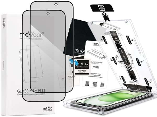 Zawartość zestawu moVear mBOX GLASS mSHIELD 2.5D MAX privacy na Apple iPhone 16 Plus / 15 Plus (6.7 Co zawiera oryginalne opakowanie szkła moVear mBOX GLASS mSHIELD 2.5D MAX privacy do Apple iPhone 16 Plus / 15 Plus (6.7