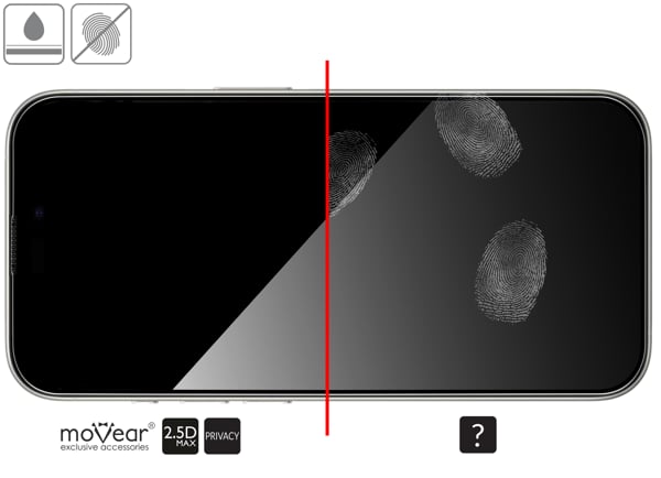 Vorteile der oleophoben Oberfläche des Schutzglases moVear mBOX GLASS mSHIELD 2.5D MAX privacy für iPhone 15 Pro Oleophobe Beschichtung auf mattem gehärtetem Glas moVear mBOX GLASS mSHIELD 2.5D MAX privacy für Apple iPhone 15 Pro z ekranem o przekątnej 6.1 cala
