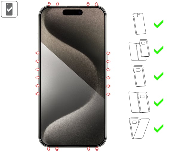Which types of cases is suitable for moVear mBOX GLASS mSHIELD 2.5D MAX privacy for Apple iPhone 15 Pro (6.1 mBOX GLASS mSHIELD 2.5D MAX privacy for Apple iPhone 15 Pro allows use with many cases. Use the case to better protect your smartphone from damage.
