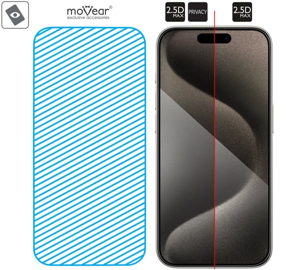 Area of the glass surface mARG™ moVear mBOX GLASS mSHIELD 2.5D MAX privacy for Apple iPhone 15 Pro Real glass in mARG™ technology is covers entire surface of the moVear mBOX GLASS mSHIELD 2.5D MAX privacy protector for iPhone 15 Pro.