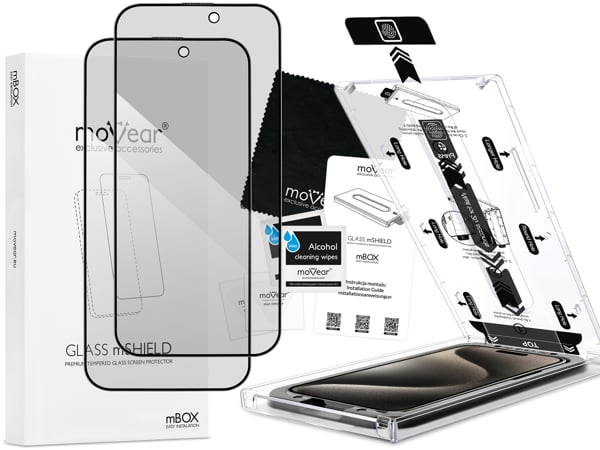 Contents of the moVear mBOX GLASS mSHIELD 2.5D MAX privacy for iPhone 15 Pro (6.1 What is included in the original moVear mBOX GLASS mSHIELD 2.5D MAX privacy glass packaging for Apple iPhone 15 Pro: