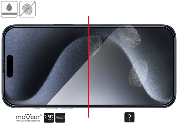Vorteile der oleophoben Oberfläche des Schutzglases moVear mBOX GLASS mSHIELD 2.5D MAX privacy für iPhone 15 Pro Max (6.7 Oleophobe Beschichtung auf mattem gehärtetem Glas moVear mBOX GLASS mSHIELD 2.5D MAX privacy für Apple iPhone 15 Pro Max z ekranem o przekątnej 6.7 cala