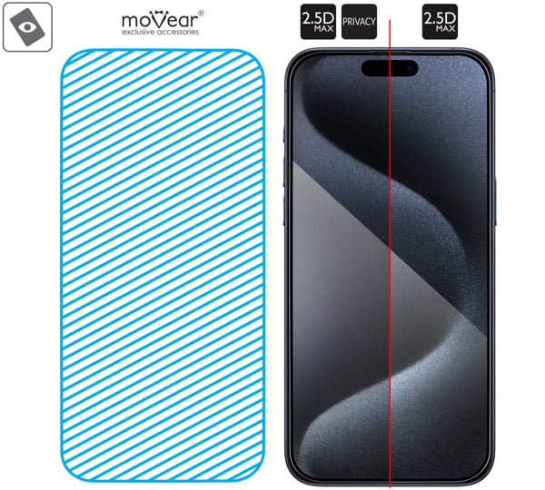 Real glass in mARG™ technology is covers entire surface of the moVear mBOX GLASS mSHIELD 2.5D MAX privacy protector for Apple iPhone 15 Pro Max.