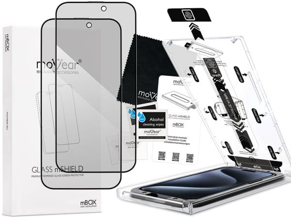 What is included in the original moVear mBOX GLASS mSHIELD 2.5D MAX privacy glass packaging for iPhone 15 Pro Max (6.7