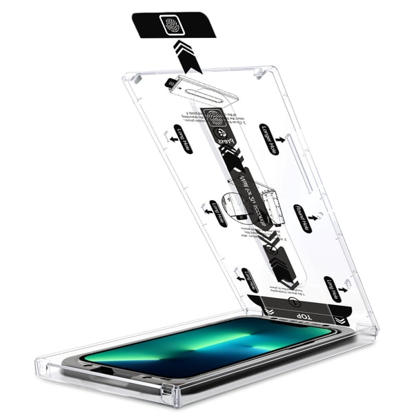 Easy assembly of the moVear glass to Apple iPhone 16e / 14 / 13 / 13 Pro with the mBOX installation system Precise Glass Positioning - moVear mBOX System for Apple iPhone 16e / 14 / 13 / 13 Pro