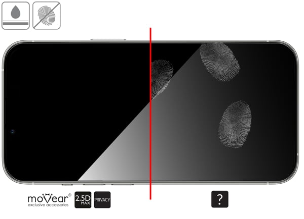 Advantages of the oleophobic surface of the protective glass moVear mBOX GLASS mSHIELD 2.5D MAX privacy for Apple iPhone 16e / 14 / 13 / 13 Pro (6.1 Oleophobic coating on matt tempered glass moVear mBOX GLASS mSHIELD 2.5D MAX privacy for Apple iPhone 16e / 14 / 13 / 13 Pro z ekranem o przekątnej 6.1 cala