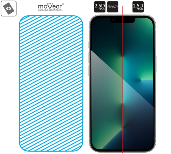Area of the glass surface mARG™ moVear mBOX GLASS mSHIELD 2.5D MAX privacy for Apple iPhone 16e / 14 / 13 / 13 Pro (6.1 Real glass in mARG™ technology is covers entire surface of the moVear mBOX GLASS mSHIELD 2.5D MAX privacy protector for iPhone 16e / 14 / 13 / 13 Pro (6.1