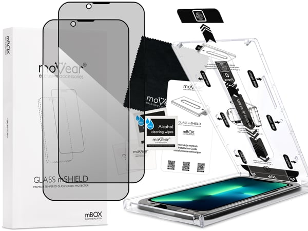 Contents of the moVear mBOX GLASS mSHIELD 2.5D MAX privacy for Apple iPhone 16e / 14 / 13 / 13 Pro (6.1 What is included in the original moVear mBOX GLASS mSHIELD 2.5D MAX privacy glass packaging for iPhone 16e / 14 / 13 / 13 Pro (6.1