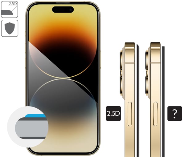 Graphic description of the 2.5D MAX edge of moVear tempered glass mBOX GLASS mSHIELD 2.5D MAX privacy for iPhone 14 Pro (6.1 Rounded safety edges 2.5D of moVear mBOX mSHIELD 2.5D MAX privacy glass for Apple iPhone 14 Pro.
