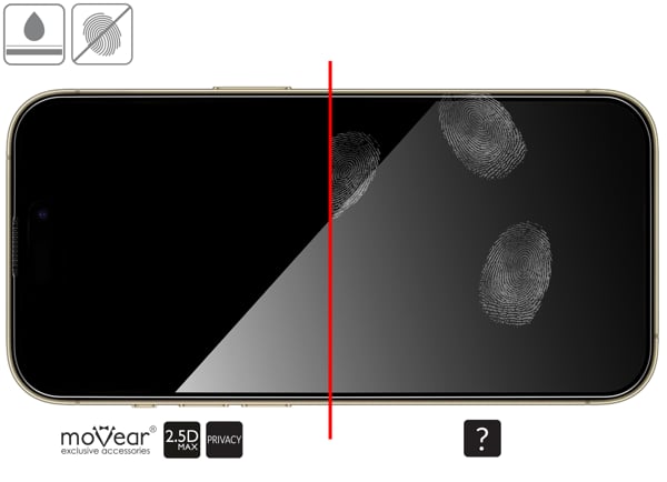 Advantages of the oleophobic surface of the protective glass moVear mBOX GLASS mSHIELD 2.5D MAX privacy for Apple iPhone 14 Pro (6.1 Oleophobic coating on matt tempered glass moVear mBOX GLASS mSHIELD 2.5D MAX privacy for Apple iPhone 14 Pro z ekranem o przekątnej 6.1 cala