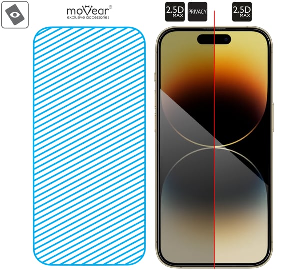 Area of the glass surface mARG™ moVear mBOX GLASS mSHIELD 2.5D MAX privacy for iPhone 14 Pro Real glass in mARG™ technology is covers entire surface of the moVear mBOX GLASS mSHIELD 2.5D MAX privacy protector for iPhone 14 Pro.