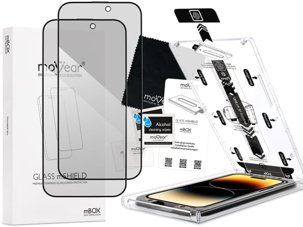Contents of the moVear mBOX GLASS mSHIELD 2.5D MAX privacy for iPhone 14 Pro (6.1 What is included in the original moVear mBOX GLASS mSHIELD 2.5D MAX privacy glass packaging for iPhone 14 Pro (6.1