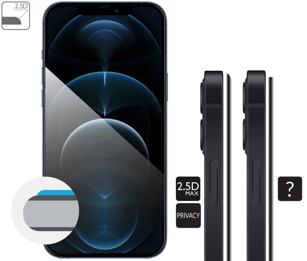 Opis graficzny krawędzi 2.5D MAX szkła hartowanego moVear mBOX GLASS mSHIELD 2.5D MAX privacy na Apple iPhone 12 Pro Max (6.7 Zaokrąglone bezpieczne krawędzie 2.5D szkła moVear mBOX mSHIELD 2.5D MAX privacy dla iPhone 12 Pro Max (6.7