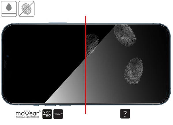 Zalety powierzchni oleofobowej szkła ochronnego moVear mBOX GLASS mSHIELD 2.5D MAX privacy na Apple iPhone 12 Pro Max (6.7 Powłoka oleofobowa na matowym szkle hartowanym moVear mBOX GLASS mSHIELD 2.5D MAX privacy do Apple iPhone 12 Pro Max z ekranem o przekątnej 6.7 cala
