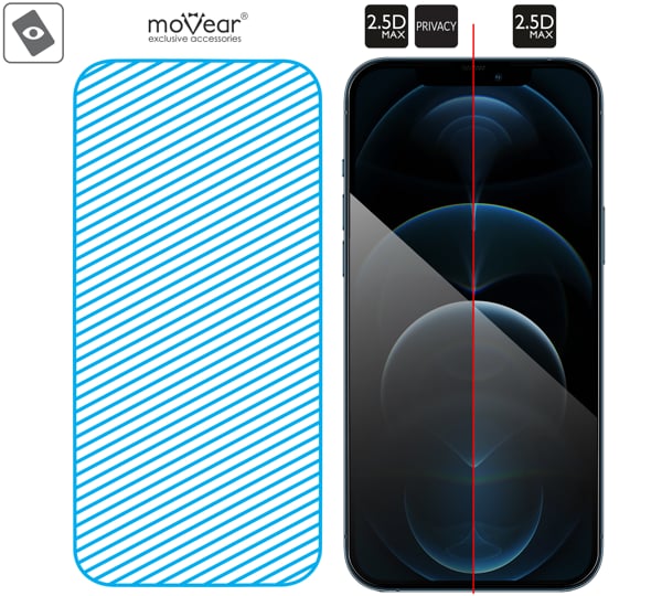 Obszar szklanej powierzchni mARG™ moVear mBOX GLASS mSHIELD 2.5D MAX privacy na iPhone 12 Pro Max (6.7 Prawdziwe szkło w technologii mARG™ znajduje się na całej powierzchni protektora moVear mBOX GLASS mSHIELD 2.5D MAX privacy do Apple iPhone 12 Pro Max (6.7