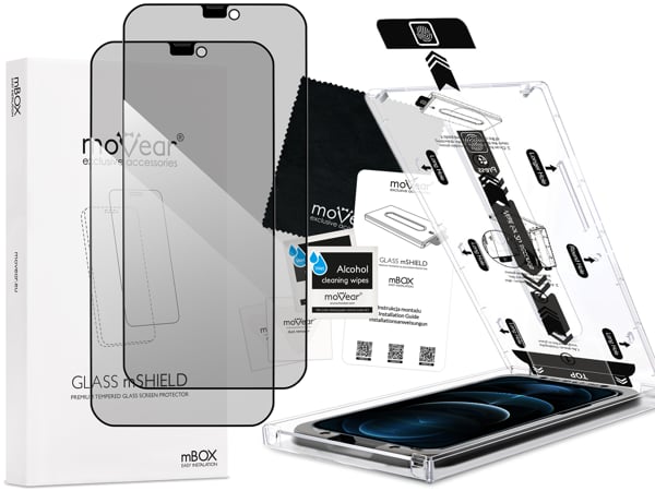 Zawartość zestawu moVear mBOX GLASS mSHIELD 2.5D MAX privacy na iPhone 12 Pro Max (6.7 Co zawiera oryginalne opakowanie szkła moVear mBOX GLASS mSHIELD 2.5D MAX privacy do Apple iPhone 12 Pro Max (6.7