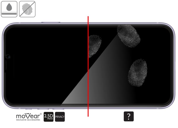 Advantages of the oleophobic surface of the protective glass moVear mBOX GLASS mSHIELD 2.5D MAX privacy for Apple iPhone 11 Pro / Xs / X (5.8 Oleophobic coating on matt tempered glass moVear mBOX GLASS mSHIELD 2.5D MAX privacy for Apple iPhone 11 Pro / Xs / X z ekranem o przekątnej 5.8 cala