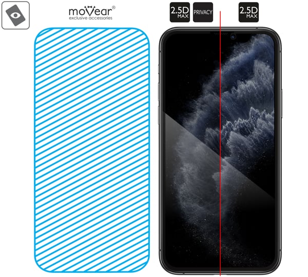 Area of the glass surface mARG™ moVear mBOX GLASS mSHIELD 2.5D MAX privacy for iPhone 11 Pro / iPhone Xs / X (5.8 Real glass in mARG™ technology is covers entire surface of the moVear mBOX GLASS mSHIELD 2.5D MAX privacy protector for iPhone 11 Pro / iPhone Xs / X (5.8