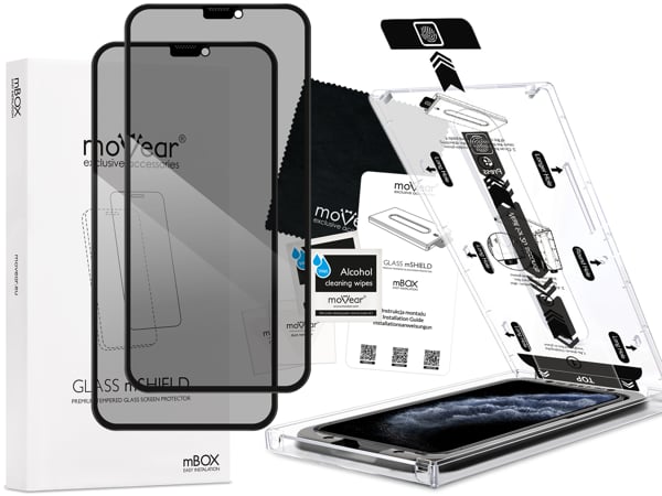 Contents of the moVear mBOX GLASS mSHIELD 2.5D MAX privacy for Apple iPhone 11 Pro / Xs / X (5.8 What is included in the original moVear mBOX GLASS mSHIELD 2.5D MAX privacy glass packaging for Apple iPhone 11 Pro / Xs / X (5.8