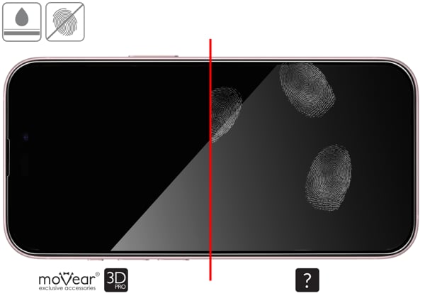 Zalety powierzchni oleofobowej szkła ochronnego moVear mBOX GLASS mSHIELD 3D PRO na Apple iPhone 16 / 15 (6,1 Powłoka oleofobowa na matowym szkle hartowanym moVear mBOX GLASS mSHIELD 3D PRO do Apple iPhone 16 / 15 z ekranem o przekątnej 6,1 cala