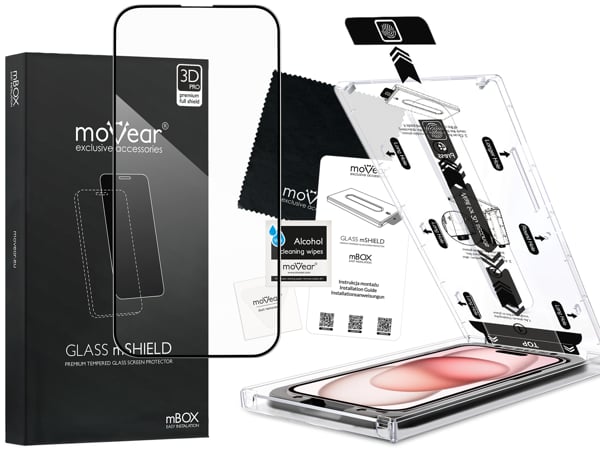 Zawartość zestawu moVear mBOX GLASS mSHIELD 3D PRO na Apple iPhone 16 / 15 Co zawiera oryginalne opakowanie szkła moVear mBOX GLASS mSHIELD 3D PRO do Apple iPhone 16 / 15 (6,1