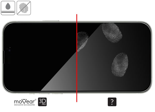Advantages of the oleophobic surface of the protective glass moVear mBOX GLASS mSHIELD 3D PRO for Apple iPhone 16 Plus / 15 Plus (6.7 Oleophobic coating on matt tempered glass moVear mBOX GLASS mSHIELD 3D PRO for Apple iPhone 16 Plus / 15 Plus z ekranem o przekątnej 6.7 cala