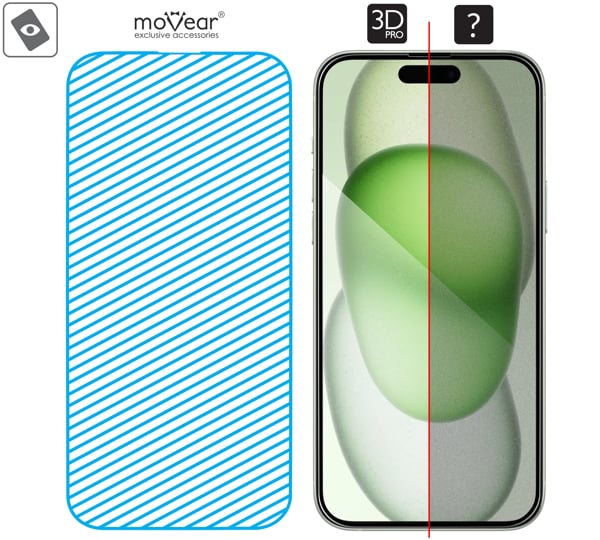Area of the glass surface mARG™ moVear mBOX GLASS mSHIELD 3D PRO for Apple iPhone 16 Plus / 15 Plus Real glass in mARG™ technology is covers entire surface of the moVear mBOX GLASS mSHIELD 3D PRO protector for Apple iPhone 16 Plus / 15 Plus (6.7