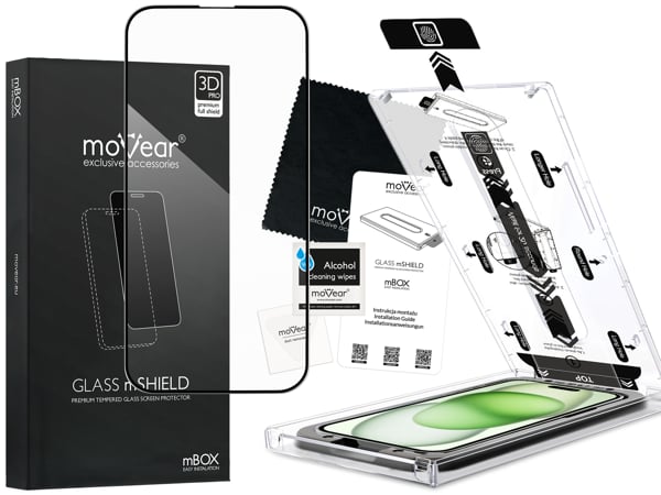 Contents of the moVear mBOX GLASS mSHIELD 3D PRO for Apple iPhone 16 Plus / 15 Plus (6.7 What is included in the original moVear mBOX GLASS mSHIELD 3D PRO glass packaging for Apple iPhone 16 Plus / 15 Plus (6.7