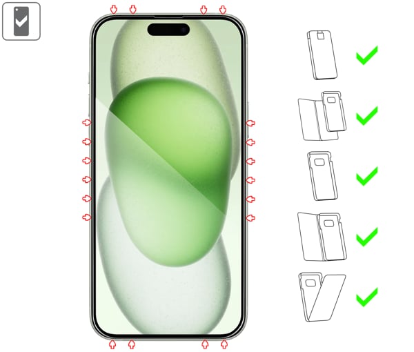 Which types of cases is suitable for moVear mBOX GLASS mSHIELD 3D PRO for Apple iPhone 16 Plus / 15 Plus (6.7 mBOX GLASS mSHIELD 3D PRO for Apple iPhone 16 Plus / 15 Plus allows use with many cases. Use the case to better protect your smartphone from damage.