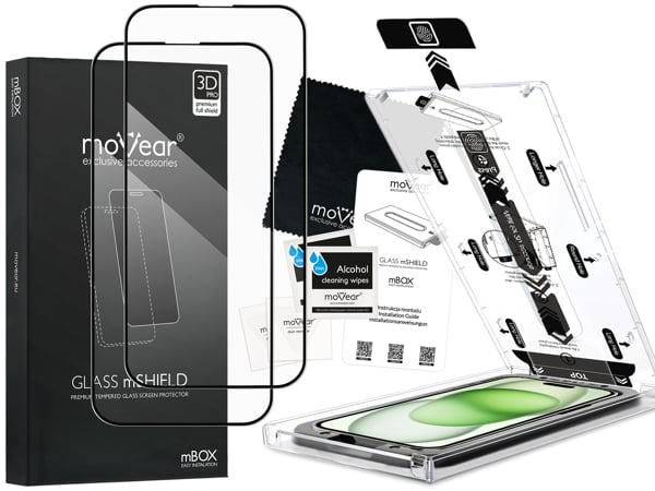 Contents of the moVear mBOX GLASS mSHIELD 3D PRO for Apple iPhone 16 Plus / 15 Plus (6.7 What is included in the original moVear mBOX GLASS mSHIELD 3D PRO glass packaging for Apple iPhone 16 Plus / 15 Plus:
