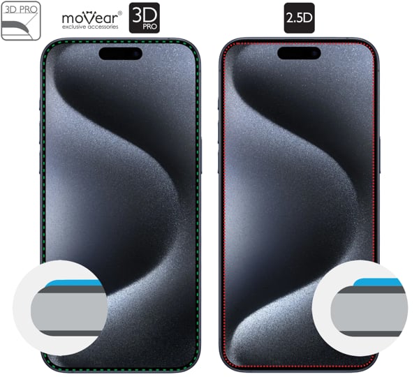 Graphic description of the 3D PRO edge of moVear tempered glass mBOX GLASS mSHIELD 3D PRO for iPhone 15 Pro Max (6.7 The curved edges of the moVear GLASS mSHIELD 3D PRO glass protect the entire iPhone 15 Pro Max (6.7