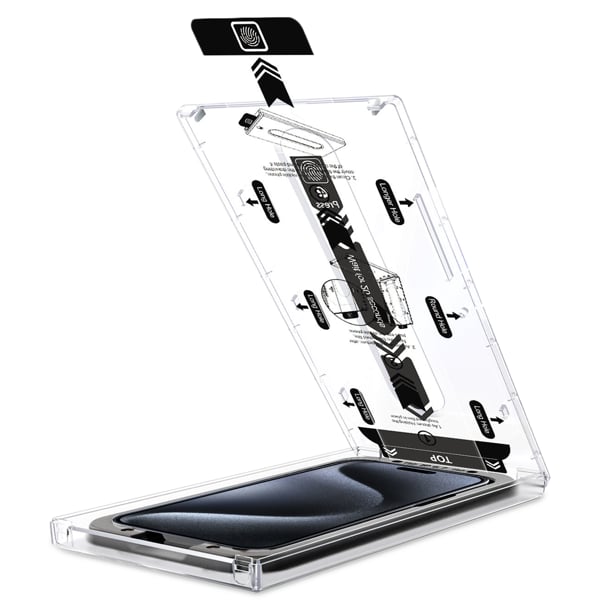 Easy assembly of the moVear glass to iPhone 15 Pro Max with the mBOX installation system Precise Glass Positioning - moVear mBOX System for iPhone 15 Pro Max