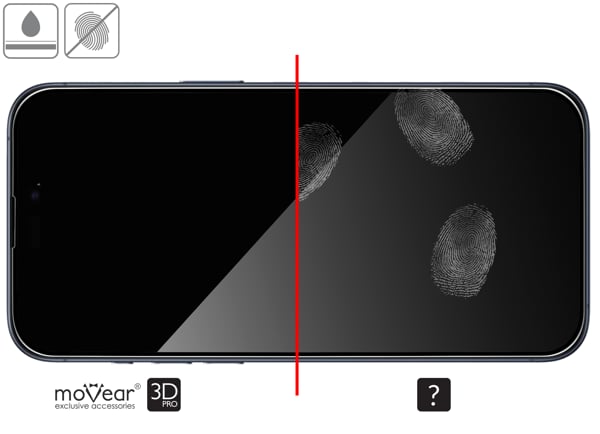 Advantages of the oleophobic surface of the protective glass moVear mBOX GLASS mSHIELD 3D PRO for iPhone 15 Pro Max Oleophobic coating on matt tempered glass moVear mBOX GLASS mSHIELD 3D PRO for Apple iPhone 15 Pro Max z ekranem o przekątnej 6.7 cala