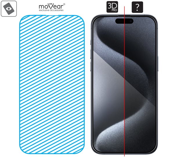 Area of the glass surface mARG™ moVear mBOX GLASS mSHIELD 3D PRO for Apple iPhone 15 Pro Max (6.7 Real glass in mARG™ technology is covers entire surface of the moVear mBOX GLASS mSHIELD 3D PRO protector for Apple iPhone 15 Pro Max.