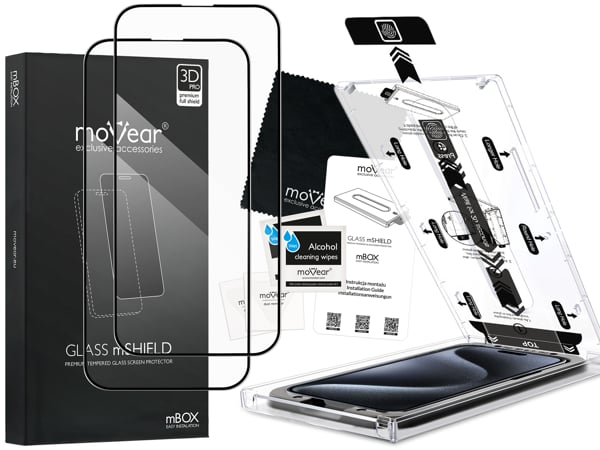 Contents of the moVear mBOX GLASS mSHIELD 3D PRO for iPhone 15 Pro Max What is included in the original moVear mBOX GLASS mSHIELD 3D PRO glass packaging for iPhone 15 Pro Max: