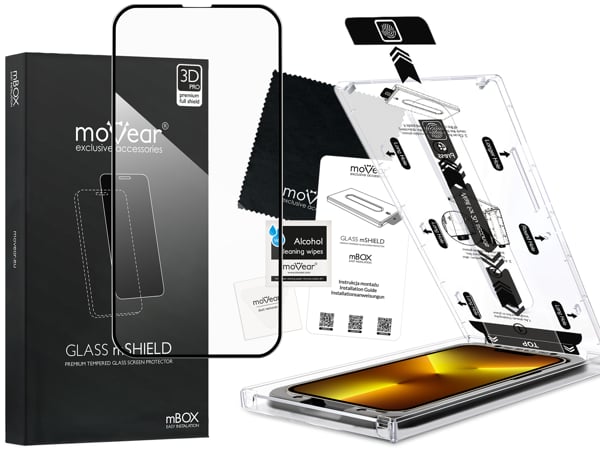 Contents of the moVear mBOX GLASS mSHIELD 3D PRO for Apple iPhone 16e / 14 / 13 / 13 Pro (6.1 What is included in the original moVear mBOX GLASS mSHIELD 3D PRO glass packaging for Apple iPhone 16e / 14 / 13 / 13 Pro: