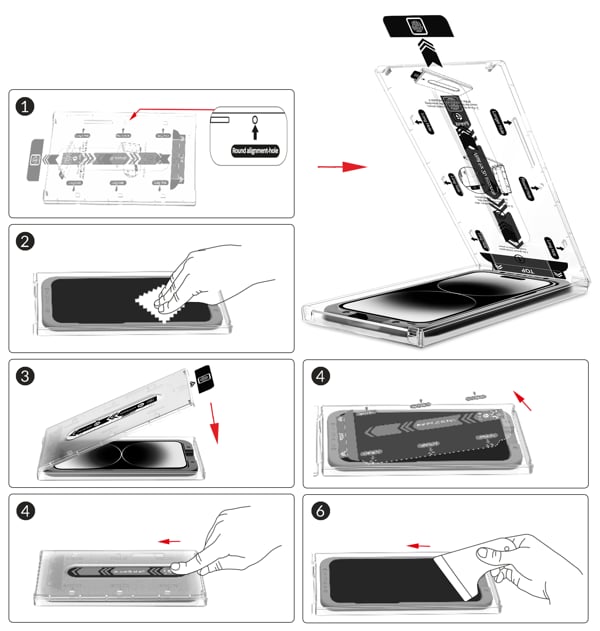 Ważna instrukcja obrazkowa poprawnego montażu szkła moVear mBOX GLASS mSHIELD 3D PRO na Apple iPhone 16e / 14 / 13 / 13 Pro (6.1 Sprawdź jak łatwo zamontować szkło hartowane moVear mBOX GLASS mSHIELD 3D PRO na ekran smartfona Apple iPhone 16e / 14 / 13 / 13 Pro (6.1