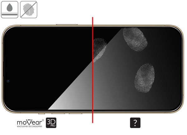 Zalety powierzchni oleofobowej szkła ochronnego moVear mBOX GLASS mSHIELD 3D PRO na iPhone 16e / 14 / 13 / 13 Pro (6.1 Powłoka oleofobowa na matowym szkle hartowanym moVear mBOX GLASS mSHIELD 3D PRO do Apple iPhone 16e / 14 / 13 / 13 Pro z ekranem o przekątnej 6.1 cala