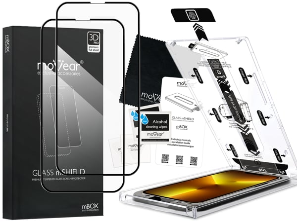 Zawartość zestawu moVear mBOX GLASS mSHIELD 3D PRO na iPhone 16e / 14 / 13 / 13 Pro (6.1 Co zawiera oryginalne opakowanie szkła moVear mBOX GLASS mSHIELD 3D PRO do iPhone 16e / 14 / 13 / 13 Pro (6.1