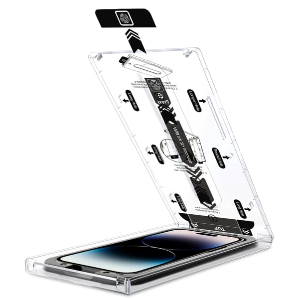 Einfache Montage des moVear-Glases an Apple iPhone 14 Pro mit dem mBOX-Installationssystem Präzise Glaspositionierung - moVear mBOX-System für Apple iPhone 14 Pro (6.1
