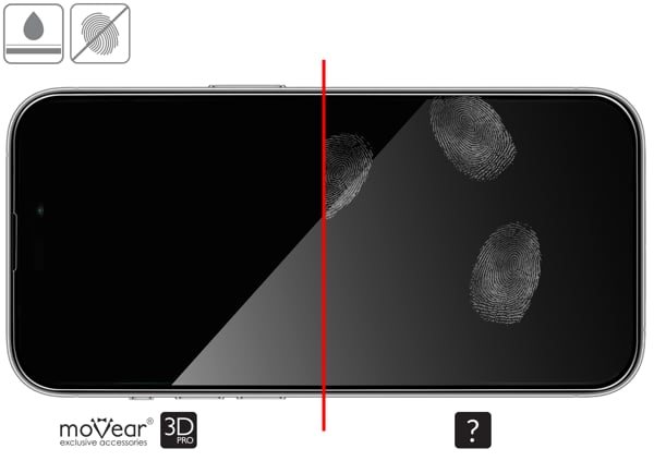 Vorteile der oleophoben Oberfläche des Schutzglases moVear mBOX GLASS mSHIELD 3D PRO für iPhone 14 Pro (6.1 Oleophobe Beschichtung auf mattem gehärtetem Glas moVear mBOX GLASS mSHIELD 3D PRO für Apple iPhone 14 Pro z ekranem o przekątnej 6.1 cala