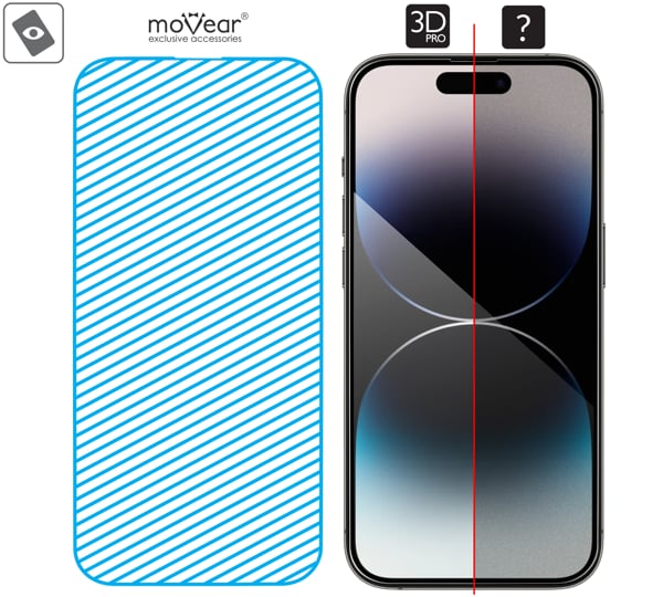 Fläche der Glasoberfläche mARG™ moVear mBOX GLASS mSHIELD 3D PRO für iPhone 14 Pro (6.1 Echtes Glas in mARG ™ -Technologie bedeckt die gesamte Oberfläche des moVear mBOX GLASS mSHIELD 3D PRO-Schutzes für iPhone 14 Pro.