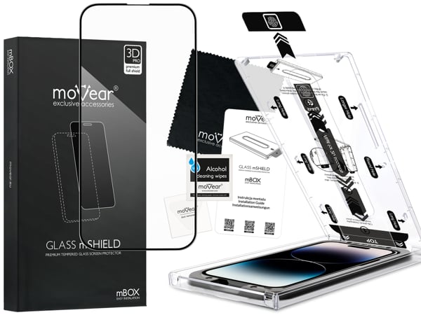 Inhalt des moVear mBOX GLASS mSHIELD 3D PRO für iPhone 14 Pro (6.1 Was ist in der originalen moVear mBOX GLASS mSHIELD 3D PRO Glasverpackung für iPhone 14 Pro enthalten: