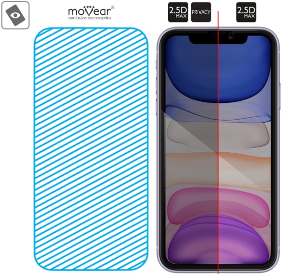 Obszar szklanej powierzchni mARG™ moVear mBOX GLASS mSHIELD 2.5D MAX privacy na Apple iPhone 11 / Xr Prawdziwe szkło w technologii mARG™ znajduje się na całej powierzchni protektora moVear mBOX GLASS mSHIELD 2.5D MAX privacy do iPhone 11 / iPhone Xr (6.1