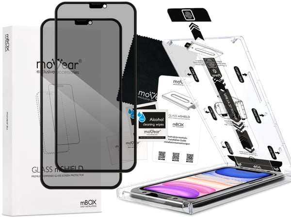 Zawartość zestawu moVear mBOX GLASS mSHIELD 2.5D MAX privacy na Apple iPhone 11 / Xr (6.1 Co zawiera oryginalne opakowanie szkła moVear mBOX GLASS mSHIELD 2.5D MAX privacy do Apple iPhone 11 / Xr (6.1