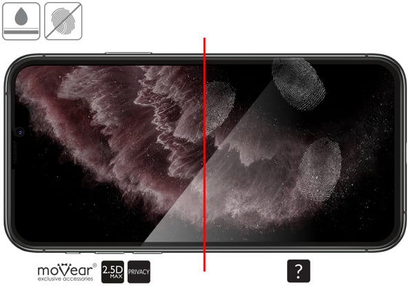 Advantages of the oleophobic surface of the protective glass moVear mBOX GLASS mSHIELD 2.5D MAX privacy for iPhone 11 Pro Max / iPhone Xs MAX (6.5 Oleophobic coating on matt tempered glass moVear mBOX GLASS mSHIELD 2.5D MAX privacy for Apple iPhone 11 Pro Max / Xs MAX z ekranem o przekątnej 6.5 cala